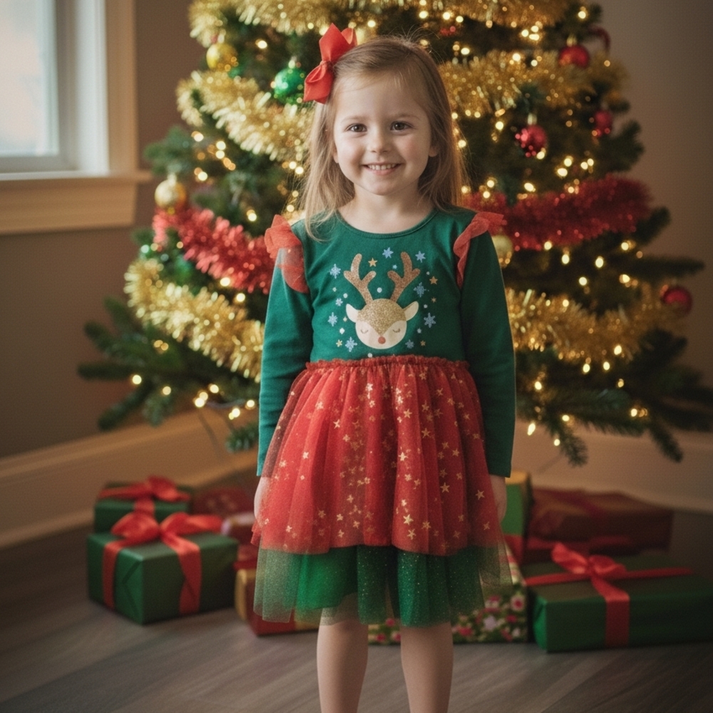 Festive Green and Red Reindeer Dress